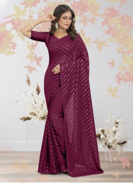 Magnetic Georgette Wine Embroidered Trendy Saree