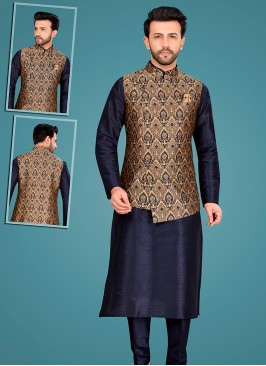 Magnetic Navy Blue Art Silk Kurta Pajama Jacket Set with Multi Jacquard Jacket.