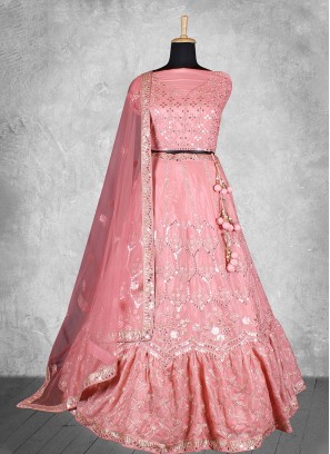 Magnetic Satin Silk Embroidered Pink Designer Lehenga Choli