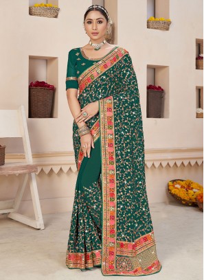 Magnetize Faux Georgette Embroidered Green and Rama Saree