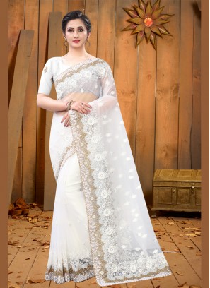 Magnetize Resham White Net Designer Saree