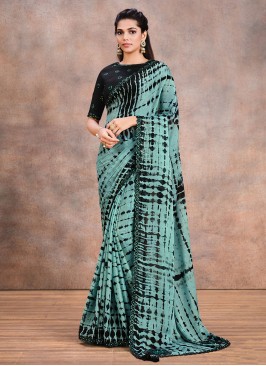 Magnetize Teal Printed Faux Crepe Classic Saree