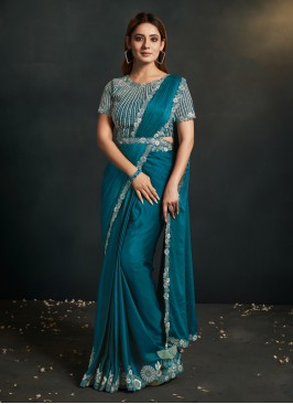 Magnetize Thread Work Teal Faux Crepe Contemporary Saree