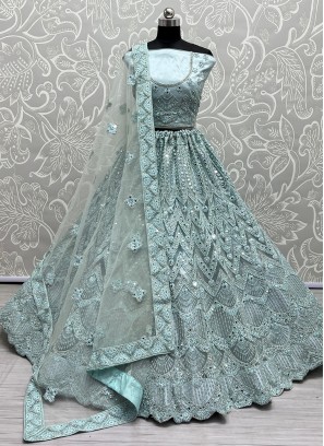 Magnificent Diamond Aqua Blue Long Choli Lehenga
