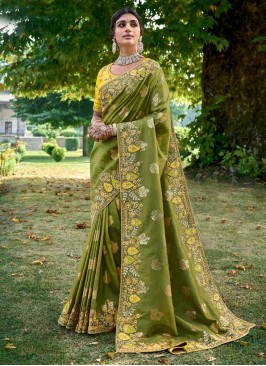 Magnificent Green Embroidered Contemporary Saree