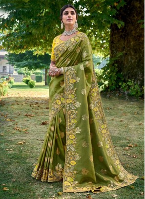 Magnificent Green Embroidered Contemporary Saree