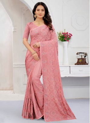 Magnificent Resham Crepe Silk Pink Designer Saree