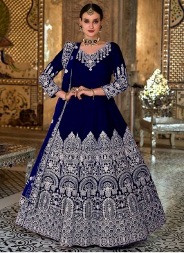 Magnificent Velvet Navy Blue Embroidered Floor Length Salwar Suit