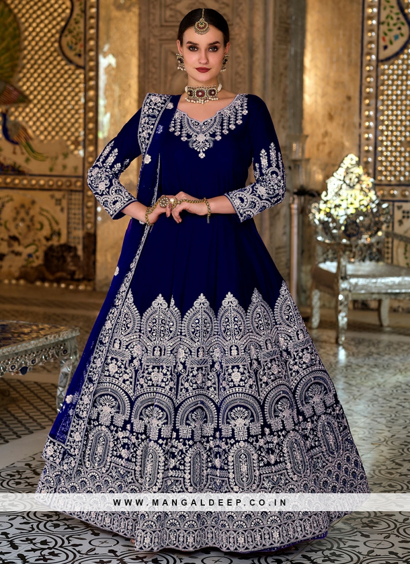 Magnificent Velvet Navy Blue Embroidered Floor Length Salwar Suit