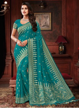 Majestic Banarasi Silk Aqua Blue Weaving Classic Designer Saree