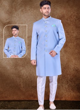 Majestic Water Blue and Off White Imported Sherwani with Trouser Style Bottom