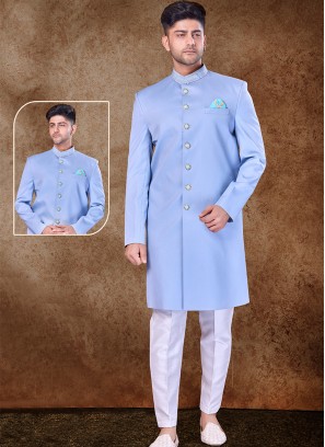 Majestic Water Blue and Off White Imported Sherwani with Trouser Style Bottom