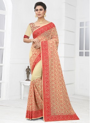 Majestic Cream Georgette Trendy Saree