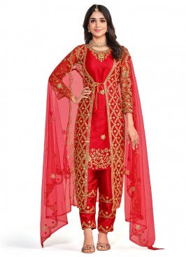 Majestic Diamond Net Red Jacket Style Salwar Kameez