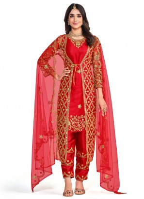 Majestic Diamond Net Red Jacket Style Salwar Kameez