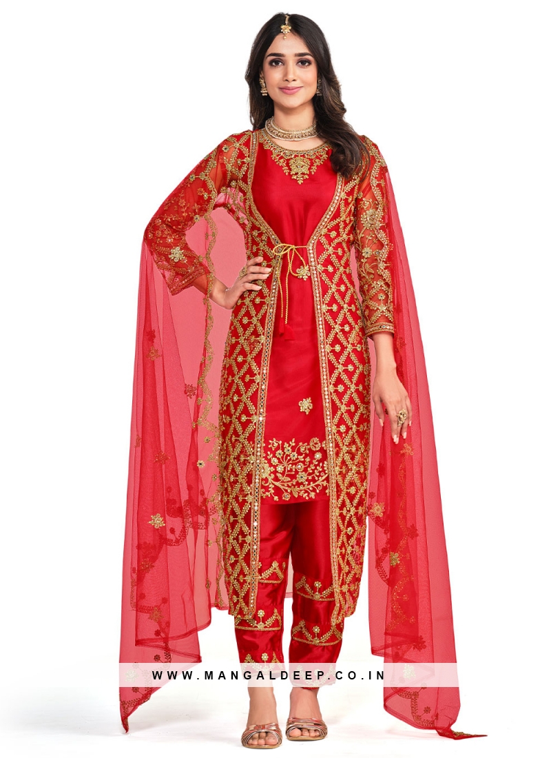 Majestic Diamond Net Red Jacket Style Salwar Kameez