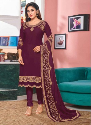 Majestic Faux Georgette Wine Churidar Salwar Suit