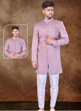 Majestic Light Lavender and Off White Imported Sherwani with Trouser Style Bottom