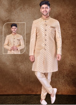 Majestic Gold and Gold Jaquard Sherwani with Trouser Style Bottom