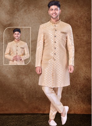 Majestic Gold and Gold Jaquard Sherwani with Trouser Style Bottom