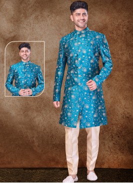 Majestic Rama and Gold Artsilk Sherwani with Trouser Style Bottom