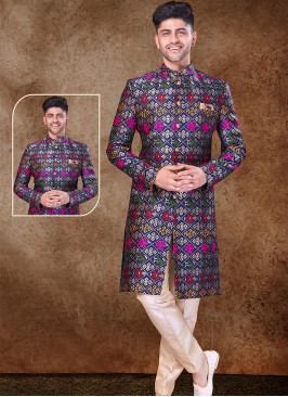 Majestic Navy Blue with Multi and Gold Digital Print silk Sherwani with Trouser Style Bottom