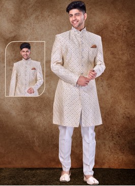 Majestic Cream and Off white Art Silk Sherwani wit