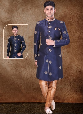 Majestic Navy Blue and Chikoo Jaquard Sherwani with Trouser Style Bottom