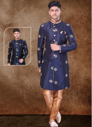 Majestic Navy Blue and Chikoo Jaquard Sherwani with Trouser Style Bottom