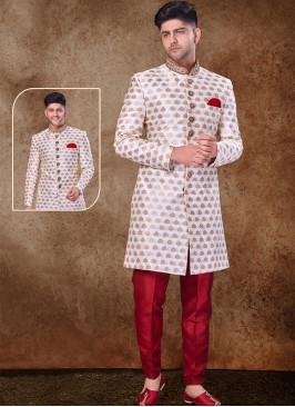Majestic Off White and Marron Jaquard Sherwani with Trouser Style Bottom