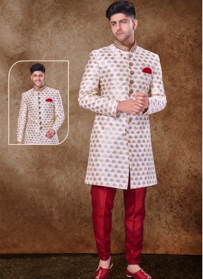 Majestic Off White and Marron Jaquard Sherwani with Trouser Style Bottom