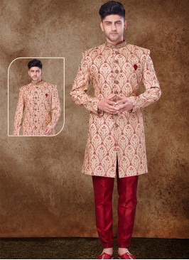 Majestic Light Chikoo and Marron Artsilk Sherwani with Trouser Style Bottom