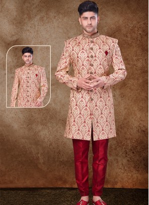 Majestic Light Chikoo and Marron Artsilk Sherwani with Trouser Style Bottom