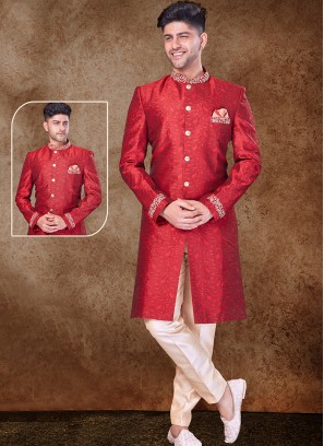 Majestic Maroon and Gold Jaquard Sherwani with Trouser Style Bottom
