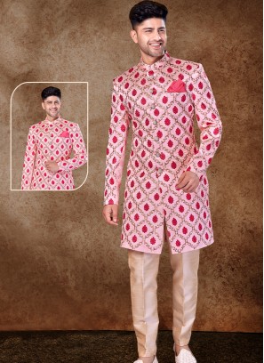 Majestic Baby Pink and Gold ArtSilk Sherwani with Trouser Style Bottom