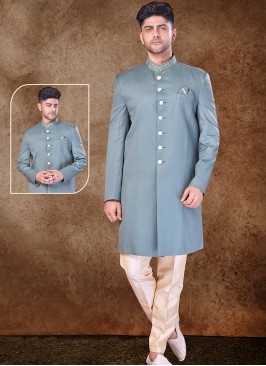 Majestic Light Mehndi Green  and Gold Imported Sherwani with Trouser Style Bottom
