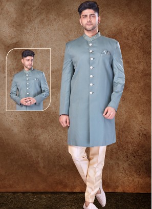 Majestic Light Mehndi Green  and Gold Imported Sherwani with Trouser Style Bottom