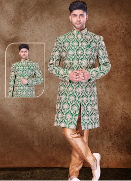Majestic Green and Chikoo Artsilk Sherwani with Trouser Style Bottom