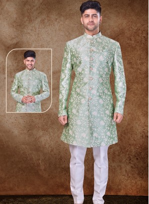 Majestic Light Pista and Off white Art Silk Sherwani with Trouser Style Bottom