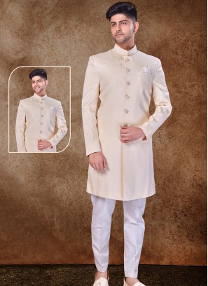 Majestic Cream and Off White Imported Sherwani with Trouser Style Bottom