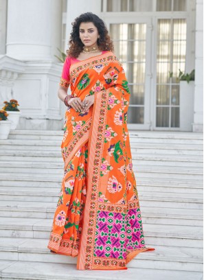 Majestic Orange Weaving Traditional Designer Saree