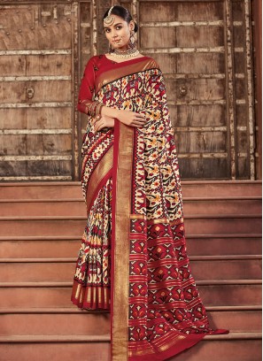 Majestic Patola Print Silk Cream and Red Trendy Saree