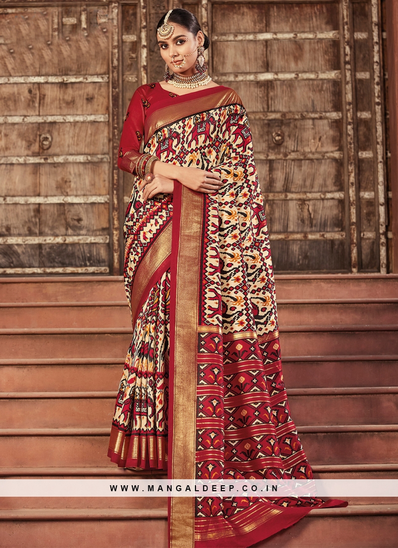 Majestic Patola Print Silk Cream and Red Trendy Saree