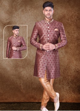 Majestic Wine and Chikoo Jaquard Sherwani with Tro