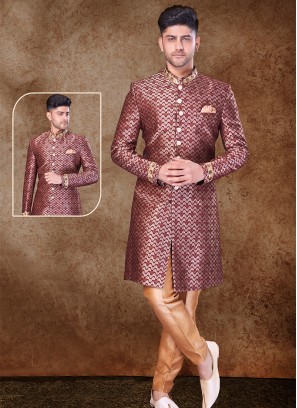 Majestic Wine and Chikoo Jaquard Sherwani with Trouser Style Bottom