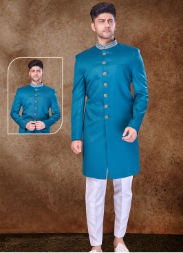 Majestic Rama and Off White Imported Sherwani with Trouser Style Bottom