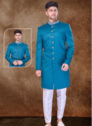 Majestic Rama and Off White Imported Sherwani with Trouser Style Bottom