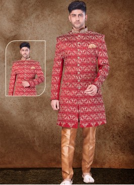 Majestic Marron and Chikoo Artsilk Sherwani with Trouser Style Bottom