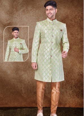 Majestic Pista and Chikoo Jaquard Sherwani with Trouser Style Bottom