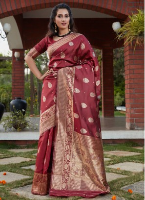 Majestic Weaving Banarasi Silk Wine Designer Traditional Saree